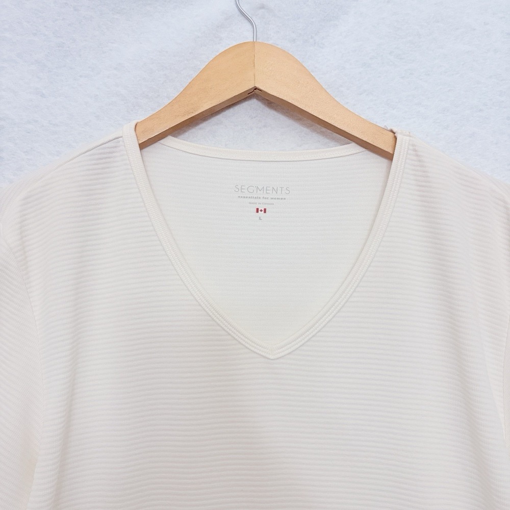Segments Top L Ivory Modal Blend Knit 3/4 Sleeve V Neck Casual Ribbed Minimalist - Picture 3 of 8